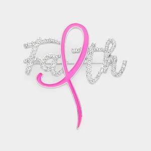 Pink Ribbon Brooch FAITH Silver Rhinestone Bow Cancer Pin Accessory Message